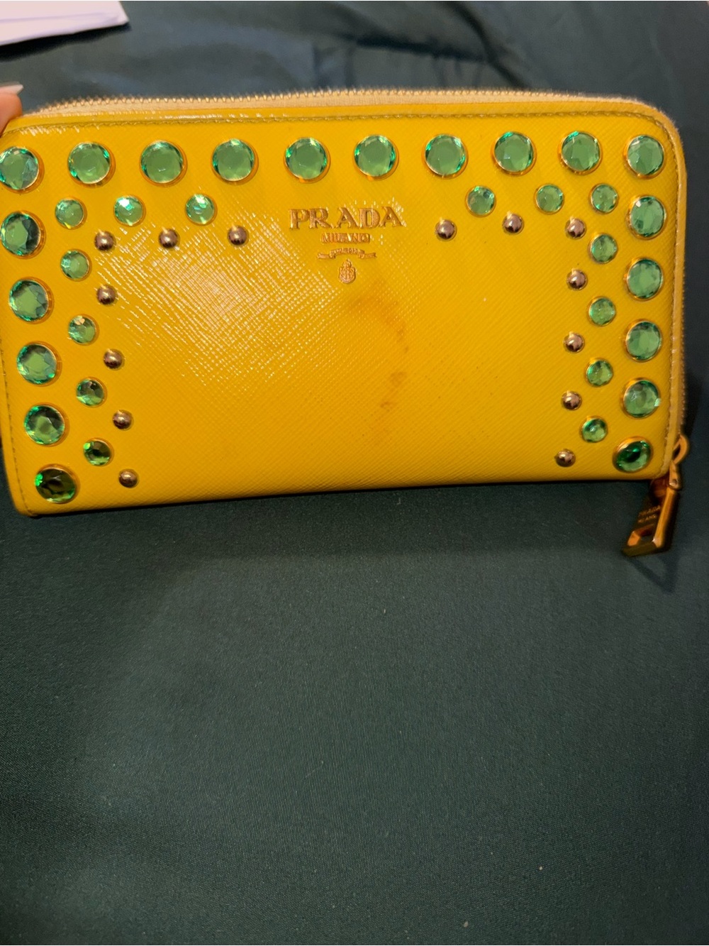 Prada Yellow Saffiano Zip Wallet with Green Gem Studs